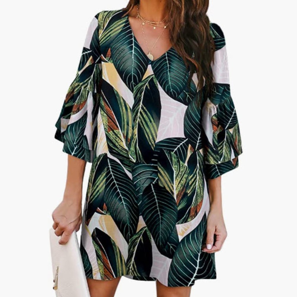 Leaf print v neck 1/2 bell sleeve shift dress